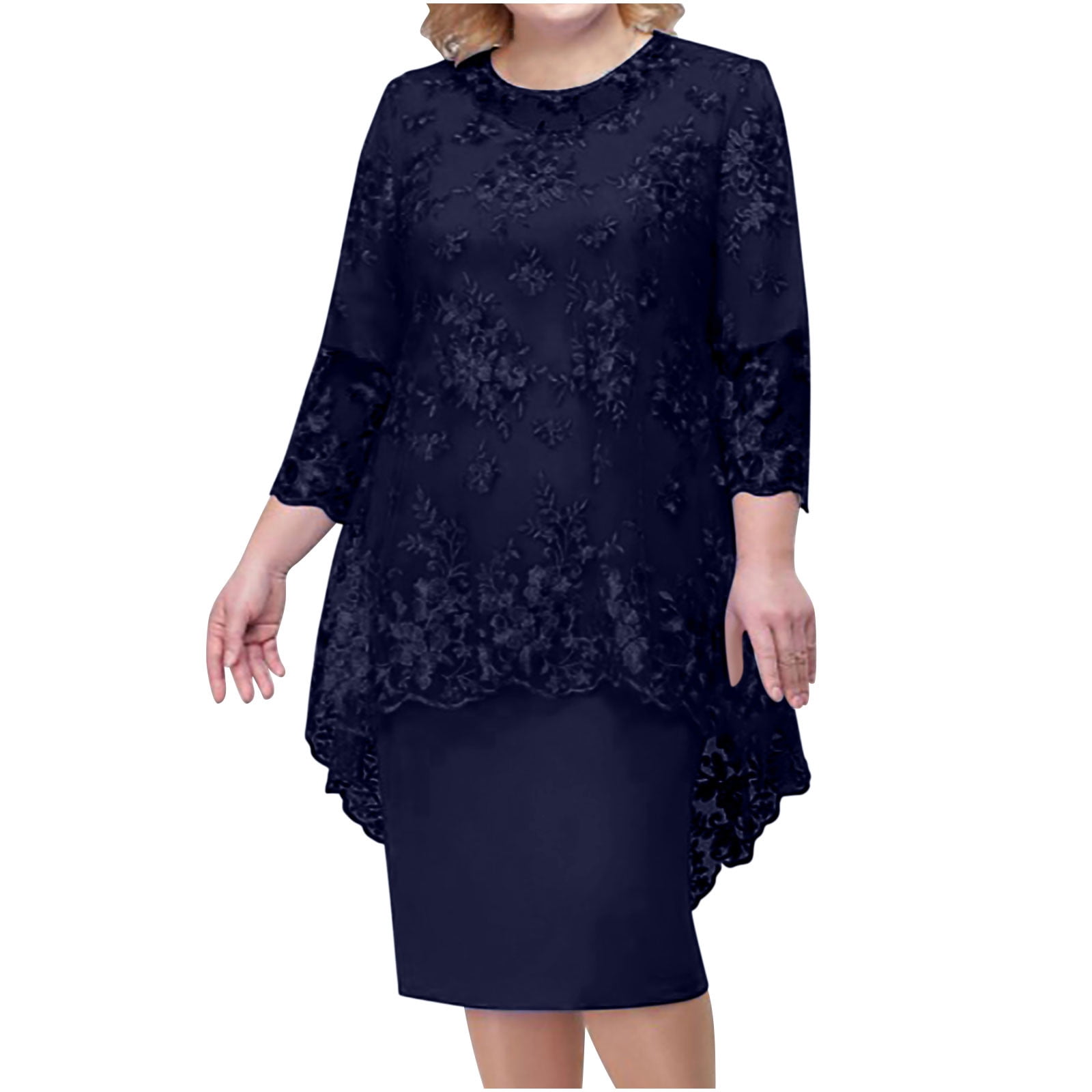 Womens Plus Size Evening Dress Lace Embroidery Two Piece Set Temperament Fit Dress