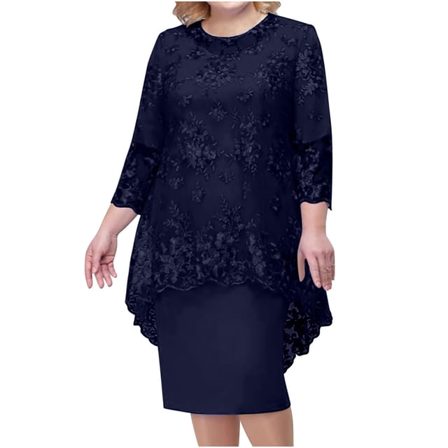 Womens Plus Size Evening Dress Lace Embroidery Two Piece Set Temperament Fit Dress