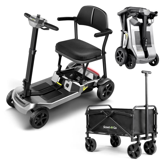 ScootNGo 39lbs Portable Lightweight Mobility Scooter for Seniors, One-Touch Folding 4-Wheel Travel Scooter, Airline Approved with Trailer, Silver
