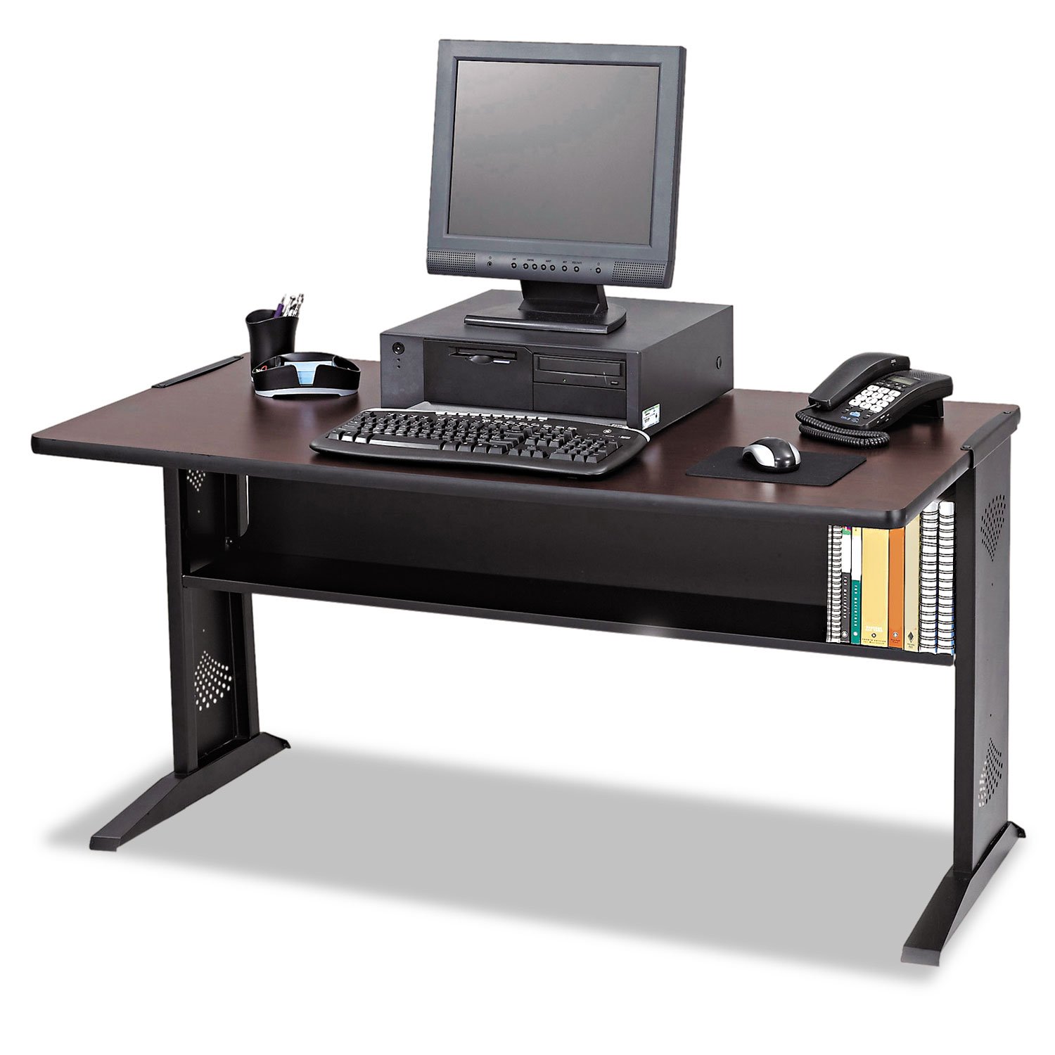 Pemberly Row 48" Reversible Top Wood Computer Desk Credenza in Mahogany and Oak