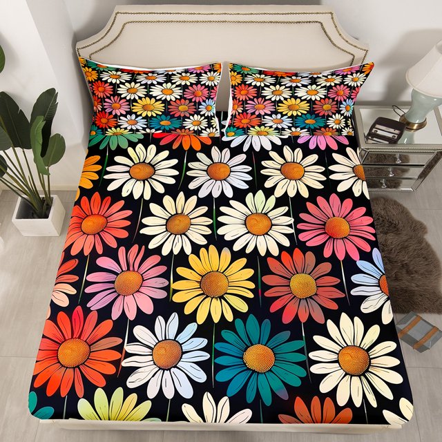 YST Draps de Lit Fleur Groovy Format Double Drap-Housse Marguerite Colorée Ensemble de Literie Floral Rétro des Années 60 70 pour Enfants Adultes, Housse de Lit Fleur Hippie Mignonne 2 Taies d'Oreiller