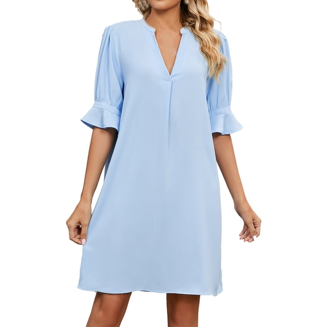 Robes Formelles pour Femmes Col en V à Volants Manches 1/2 Robe Midi Élégante Été Tenue de Bureau Décontractée Robe Courte Unie