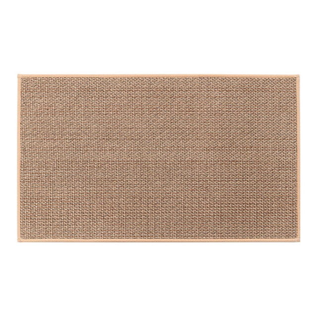 Kitchen rugs and floor mats, non-slip and washable, shown in a beige colour with a flax material texture. The mat measures 50x80x1 cm and features a super anti-slip rubber cushion bottom for stability. Designed for durability, it is absorbent, stain-resistant, and suitable for protecting floors from oil, moisture, and food particles. The tight edge stitching ensures longevity, making it ideal for use in kitchens, living rooms, or as a welcome mat.