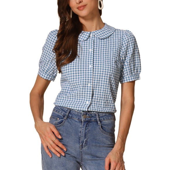 INSPIRE CHIC Women's Plaid Shirt Peter Pan Collar Puff Short Sleeve Gingham Button Down Blouse L Lake Blue