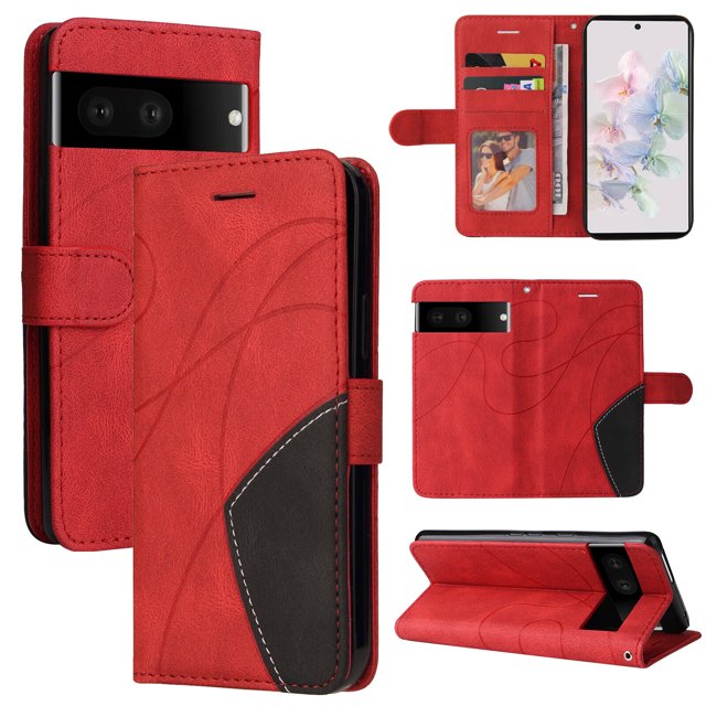 Étui Compatible Google Pixel 7 5G, Étui Portefeuille en Cuir avec Support, Fermoir Magnétique, Étui Folio à Rabat pour Téléphone - Rouge