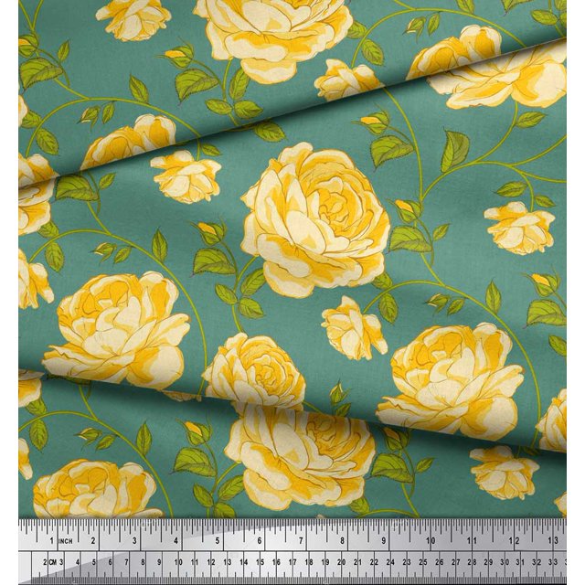 Soimoi Rayon Fabric Leaves & Rose Floral Print Sewing Fabric Yard 42 Inch Wide