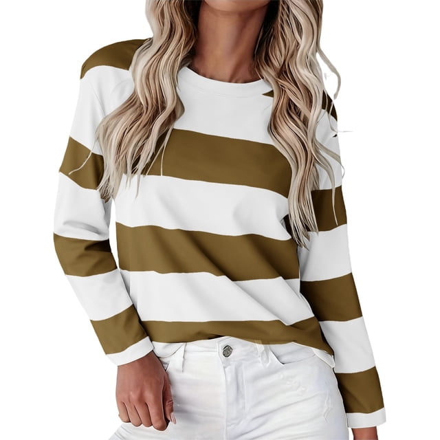 ManxiVoo T-Shirt à Manches Longues à Rayures Imprimées pour Femme Col Ras du Cou Confortable d'Automne T-Shirt Graphique Blouse Légère Taille P Café