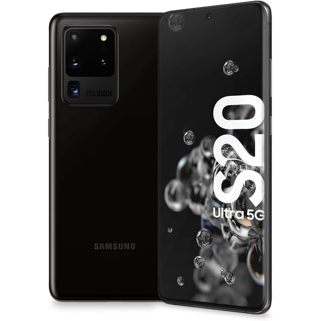 Samsung Galaxy S20 Ultra 5G 128 Go Téléphone Cellulaire Déverrouillé Remis à Neuf, Montré en Vue avant et Arrière. le Téléphone Présente un Écran Dynamic AMOLED Infinity-O de 6,9 Pouces avec une Ombre Sombre visible sur l'Écran, Qui Devient Moins visible en mode Sombre. l'Arrière Met en Valeur Plusieurs Caméras, Y Compris un Objectif Grand de 108 Mpx, un Objectif Téléphoto de 48 Mpx et une Capacité de Zoom Spatial de 100X. l'Appareil Est Entièrement Fonctionnel,