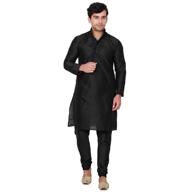Ensemble Kurta-Pyjama en Soie Artistique pour Homme, Robe de Mariée, Vêtements Indiens (Noir, M)