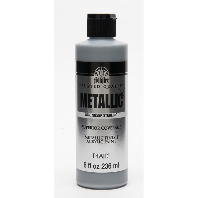 Folkart Metallic Acrylic Paint Silver, 8 fl oz bottle with black flip-top cap and shiny silver label, offering superior coverage and a metallic finish acrylic paint ideal for art supplies and craft painting projects.