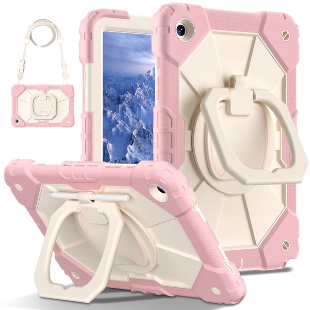 Rose Gold & Beige Rotating Shockproof Case for Samsung Tab A9 8.7" - Full Coverage Silicone+PC Protective Shell with Kickstand, Anti-Drop & Wear-Resistant Embossed Design, Includes Shoulder Strap