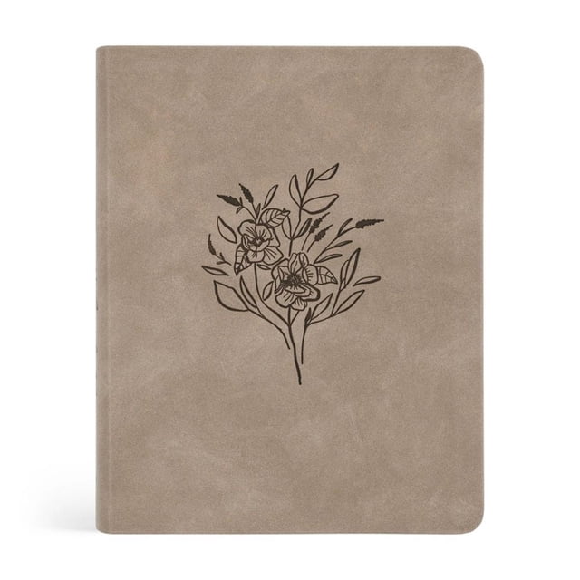KJV Large Print Notetaking Bible with a Marlo theme by Hosanna Revival. Features a soft leather-like taupe cover with a delicate wildflower design in black. Includes 9.5pt large print, cream-colored pages, lined margins for journaling, and words of Jesus in red. Comes with a ribbon marker and a custom-designed interior, ideal for study and reflection.