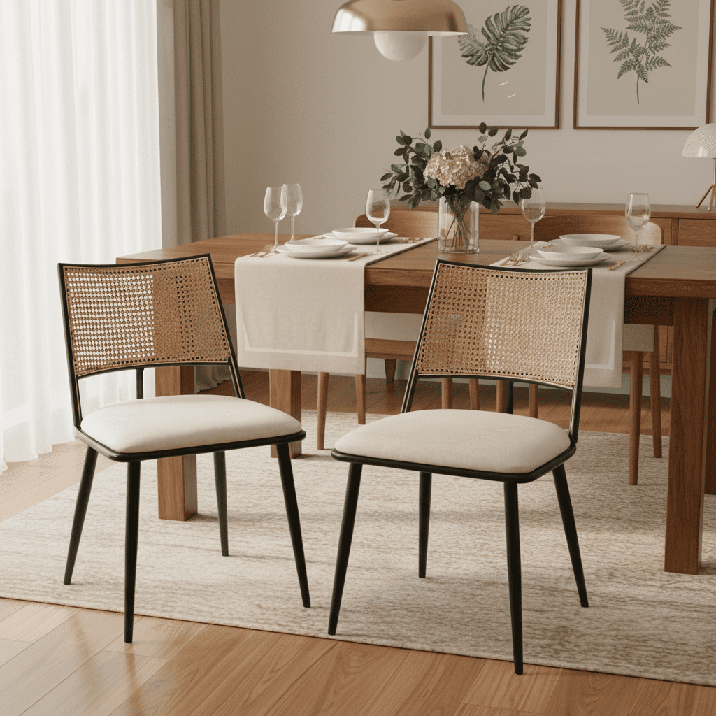 Noble House Chaises de Salle à Manger Modernes Ensemble de 2, Sièges Rembourrés en PU Faciles à Nettoyer avec Dossier en Rotin PE, Noir + Naturel