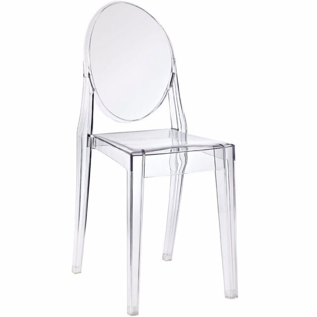 Plata Import - Ghost Armless Chair in Clear Color for Adults, a transparent plastic dining chair with a rounded backrest and straight legs, measuring 35.5 inches high, 15.5 inches wide, and 19.5 inches deep, stackable and resistant to shock, scratches, and weather, suitable for kitchen and dining seating in residential or commercial use.