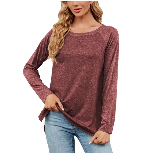 Timegard Womens Tops Round Neck Long Sleeve Comfy Loose Solid Color Blouse Casual Tops Basic Tee Shirts