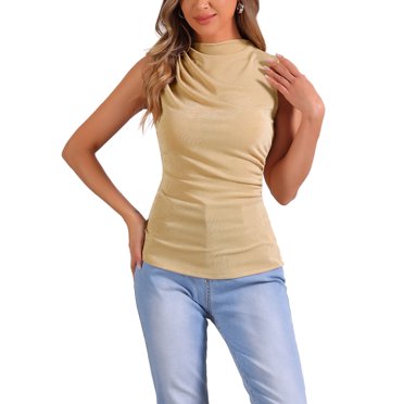 INSPIRE CHIC Ruched Mock Neck Tank Tops for Women's Casual Slim Fit Sleeveless Work Shirts Apricot XS