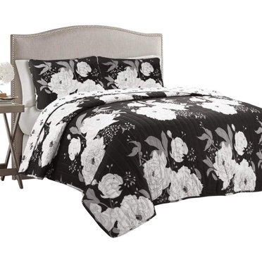 Lush Decor Zinnia Floral 3 Piece Quilt Set, King, Black/Gray