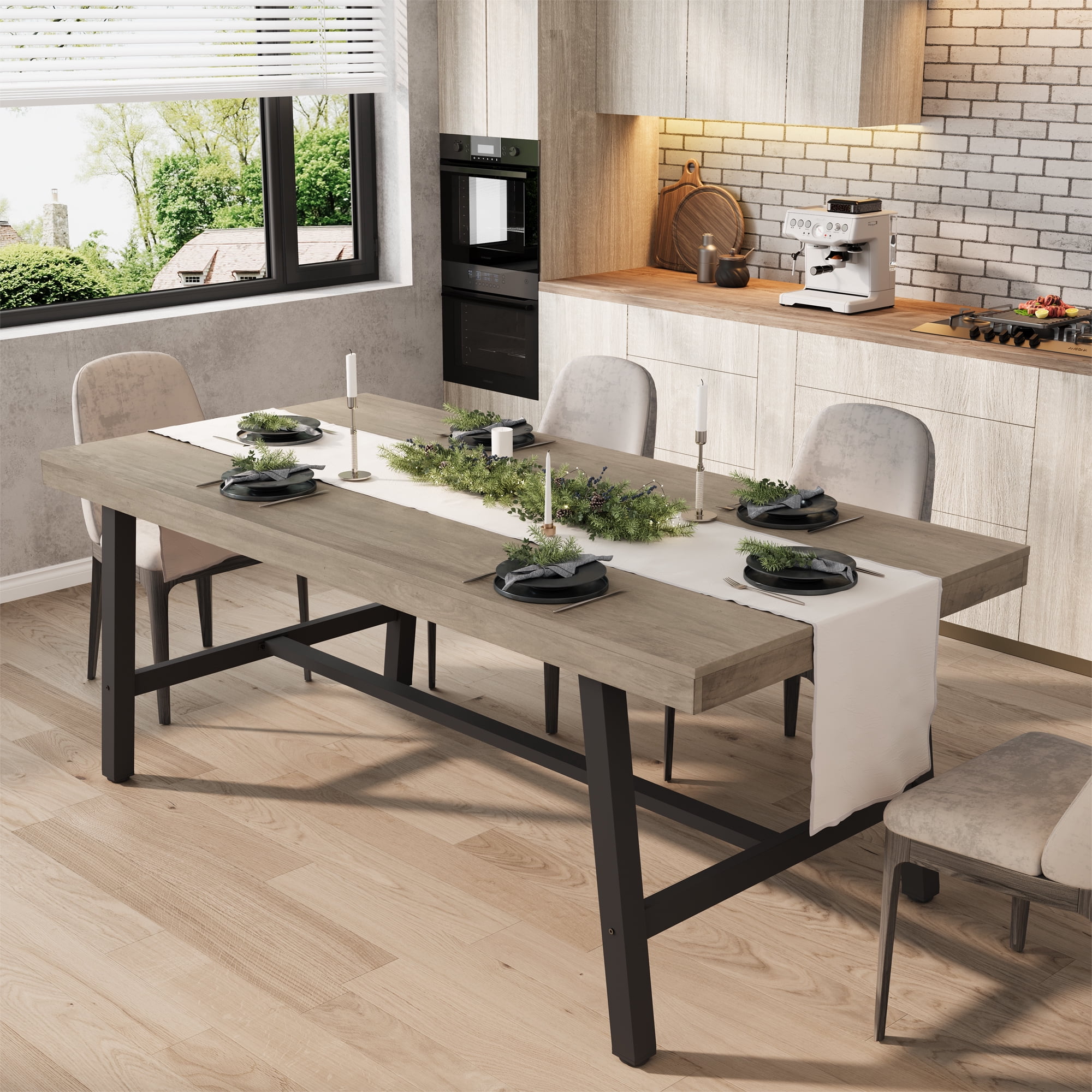 Large Dining Table for 6-8 People, 70.87 Inch Rectangle Dining Room Table with Wooden Tabletop, Modern Industrial Dinner Table with Strong Metal Legs for Living Room, Kitchen