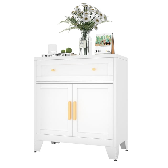 CHSHIN Coffee Bar Cabinet, Metal Kitchen Storage Cabinet, Modern Buffet Sideboard with Drawer,White