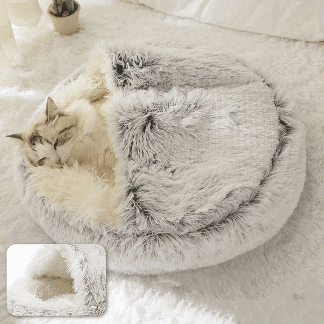 Lit pour Animaux en Peluche Rond avec Capuche, Lit Chaud pour Petits Chiens, Lit Doux et Moelleux pour Chat