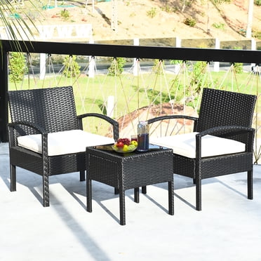 Costway 3PCS Patio Rattan Furniture Set Table & Chairs Set with Seat Cushions Garden