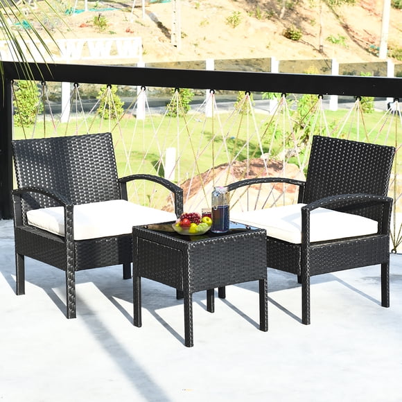 Costway 3PCS Patio Rattan Furniture Set Table & Chairs Set with Seat Cushions Garden