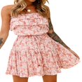 thumbnail image 1 of Women Floral Bohemian Strapless Off-Shoulder Sleeveless Backless Ruffles Pleated Party Beach Dress Light Green S, 1 of 7