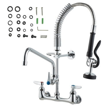 KFFKFF Brass Faucet for Kitchen Wall Mount, 21" Height, 8" Mounting Space, Features 12" Swivel Spout & Pull-Out Spray, Fits Single to Triple Basin Sinks