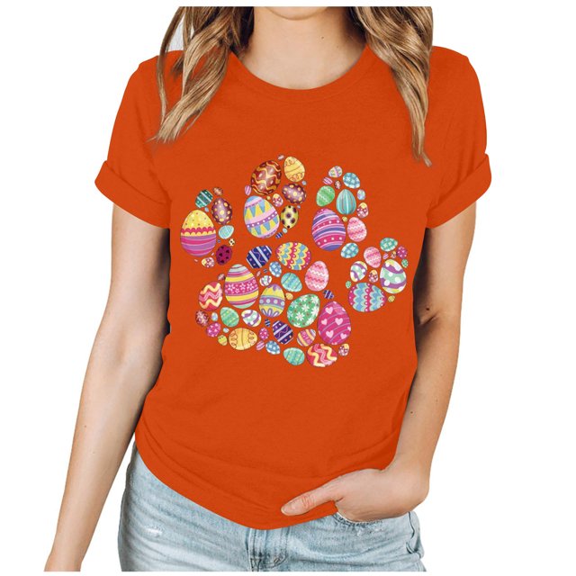 EGNMCR Chemise de Pâques pour Femmes Imprimé de Pâques Manches Courtes Col Rond T-Shirt