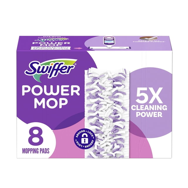 Swiffer PowerMop Boîte de Recharges de Tampons de Vadrouille Multisurface Contenant 8 Tampons de Vadrouille Blancs et Violets avec Bandes de Récurage Conçus pour le Nettoyage en Profondeur des Planchers, Offrant une Puissance de Nettoyage 5X et une Technologie absorb + lock sur Emballage Violet et Blanc.