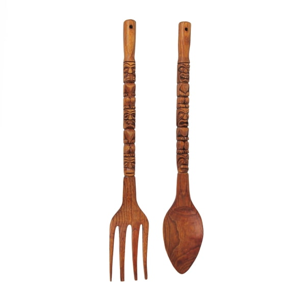 Hand-Carved Brown Wood Tiki Design Spoon & Fork Wall Sculpture Set Tropical Decor Utensil Decoration - 30 Inches Long - Adds Exotic Charm to Your Home