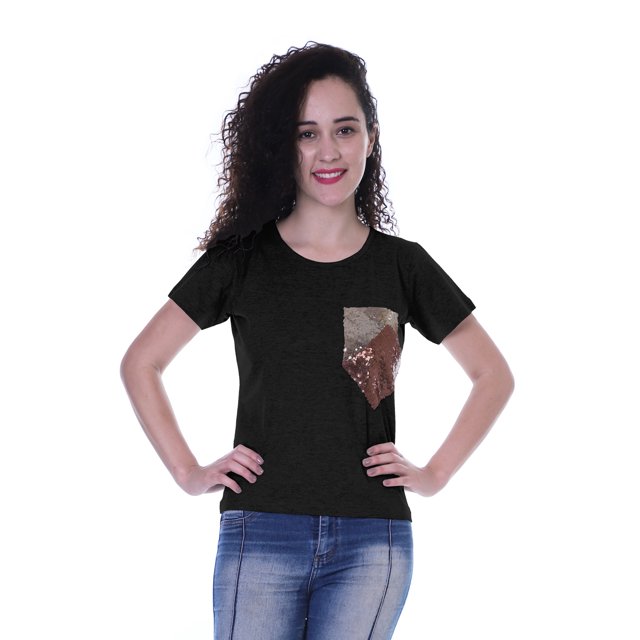 Moomaya T-shirt à Col Rond pour Femmes à Manches Courtes avec Poche Appliquée à Paillettes - 4Y