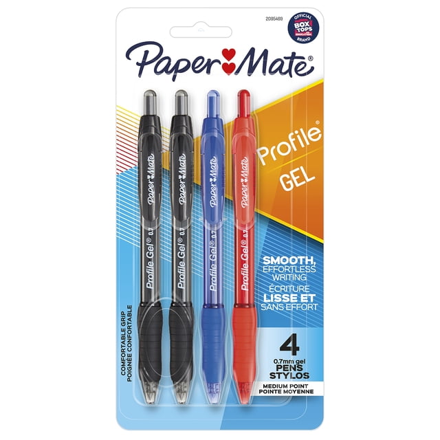 Paper Mate Profile Gel Pens, medium point 0.7 mm retractable gel pens with soft comfort grips, featuring black, blue, and red ink in a 4-count pack designed for smooth, effortless writing and vibrant gel ink colours, suitable for office and school supplies.