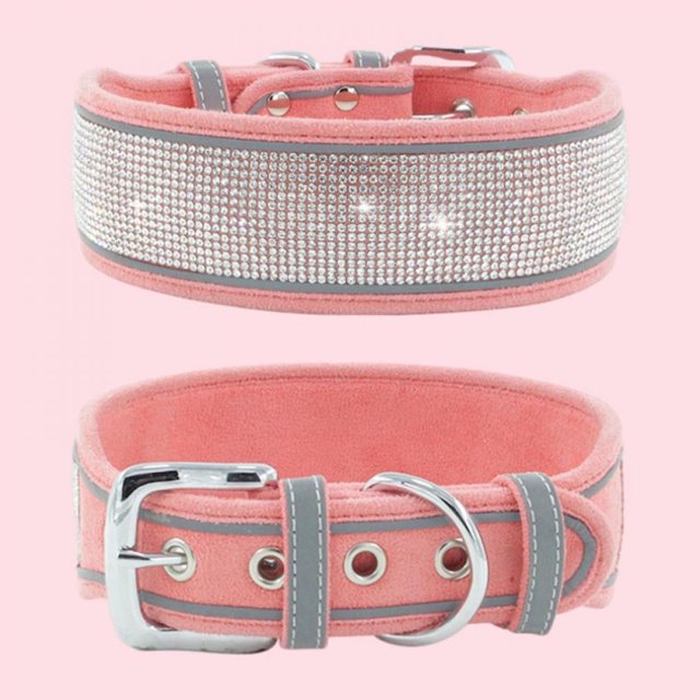 New Pet Reflective Collar Rhinestone Dog Collar Medium And Large Dogs Suede Reflective Dog Collar,Pink,m56*5.0cm/22*2``