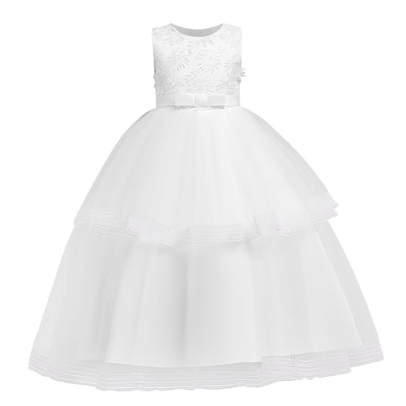Huvoen Flower Girl Dress for Wedding Children's Dress Girl Sleeveless Princess Dress Flower Mesh Dress Skirt Dress White 5-6 Years