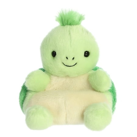 Aurora Adorable Palm Pals Tiny Turtle Stuffed Animal, a 5-inch plush toy in green with a soft, fluffy texture and bean pellets for stability. The turtle features a cheerful face, a light green body, and a darker green shell, making it ideal for on-the-go play or as a pocket-sized companion.