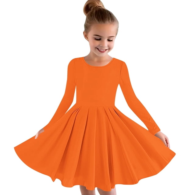 MeetoTime Robe de Performance pour Filles à Manches Longues, Couleur Unie, Col Rond, Extensible, Robe de Récital Scolaire, 4-14 Ans, Vêtements pour Enfants
