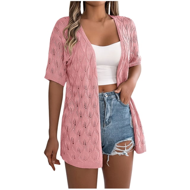 Timegard Womens Summer Tops Short Sleeve Hollow out Cover up Boho Open Front Knitted Cardigan Beach Wear