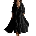 thumbnail image 2 of Meichang Robe Maxi en Lin pour Femme Coupe Ample Col en V Manches Lanterne Mi-Longues Robe d'Été Fluide Swing Ourlet à Volants Robes de Plage Vacances Robes Longues Décontractées, 2 of 6