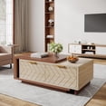 thumbnail image 3 of Tribesigns Extendable Coffee Table with 2 Storage Drawers, Dual-Tone Center Table with Sliding Tabletop, Multi-Functional Hidden Storage Wooden Rectangle Cocktail Table for Living Room, Walnut & Oak, 3 of 5