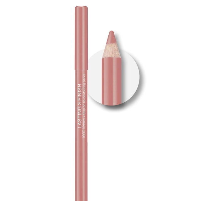 Rimmel London Lasting Finish 1000 Kisses Lip Liner in soft pink, shown as a sharpened wood pencil with cap, designed for precise, long-lasting lip contouring and transfer-resistant colour suitable for detailed makeup use.