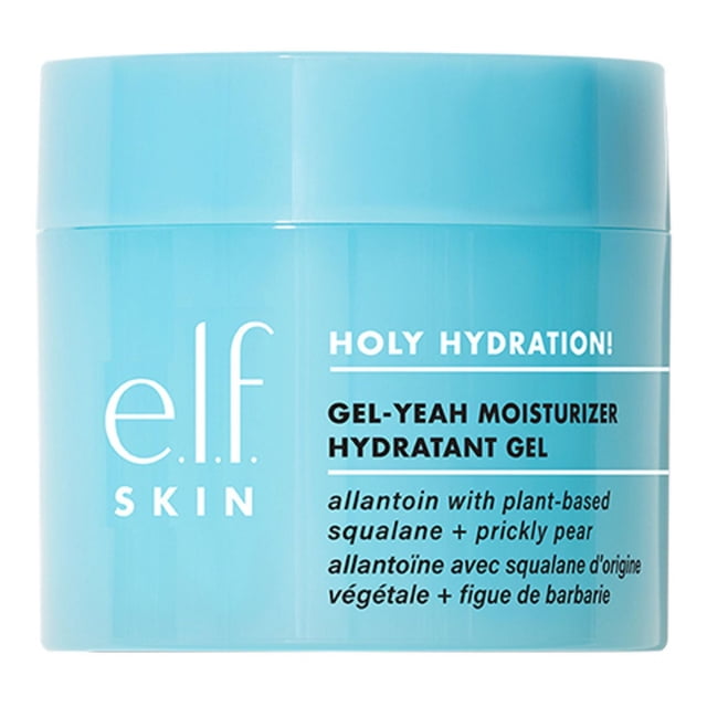 e.l.f. Cosmetics Holy Hydration! Gel-Yeah Hydratant dans un Pot Bleu Pâle avec Texte Blanc et Noir, un gel Hydratant Infusé d'Allantoïne, de squalane d'Origine Végétale et de Figue de Barbarie, Offrant une Hydratation Légère et à Absorption Rapide Qui Repulpe et Adoucit la Peau Grasse et Mixte.