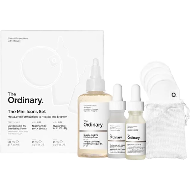 The Ordinary The Mini Icons Skincare Set (Travel-Friendly Trio) set with Glycolic Acid 7% Toner (100ml), Niacinamide 10% + Zinc 1% (15ml), Hyaluronic Acid 2% + B5 (15ml) and reusable cotton pads, travel-sized daily kit for hydration, exfoliation and oil control.