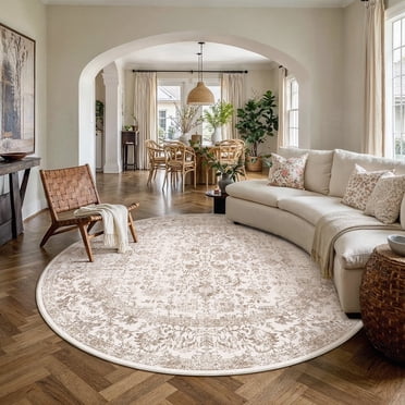 BERTHMEER 6'x6' Round Area Rugs Washable for Living Room Bedroom Office Dining Room Farmhouse Distressed Non-slip Traditional Vintage Brown Rugs Carpets Tapis, Brown