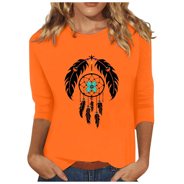 Dadaria T-Shirt pour Femmes T-Shirt Orange Hauts T-Shirt à Manches 3/4 Col Ras du Cou T-Shirt Grande Taille Tee d'Été Attrape-Rêves Chandail Blouses m