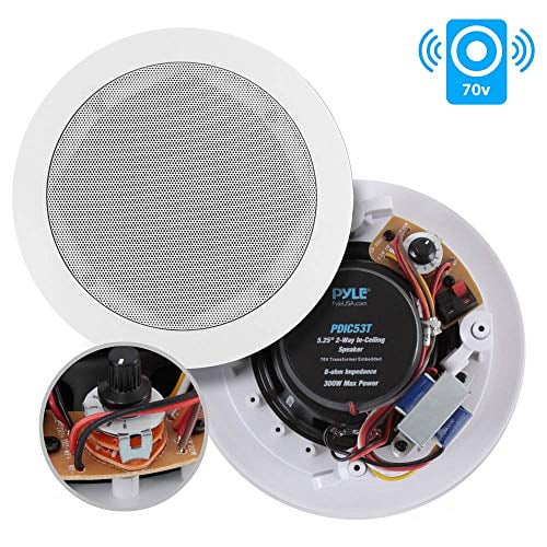 Ceiling and Wall Mount Speaker - 5.25" 2-Way 70V Audio Stereo Sound Subwoofer Sound with Dome Tweeter, 300 Watts, in-Wall & in-Ceiling Flush Design for Home Surround System - Pyle PDIC53T (White)