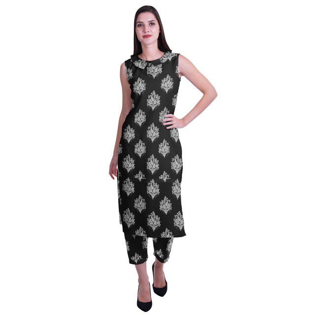 Moomaya Ensemble Kurta et Pantalon Sans Manches pour Femmes à Col Peter Pan Imprimé, Ensemble Ethnique 2 Pcs