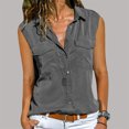 thumbnail image 2 of Leutsin Femmes Décontracté Uni Sans Manches Col Rabattu Poches Boutons Chemise Hauts, 2 of 3