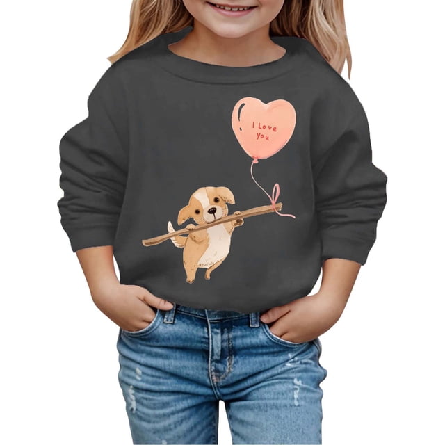 PMVFHDE Chandails à Col Rond Fille Automne et Hiver Saint-Valentin à la Mode et Intéressant Imprimé Chiot Chandail à Capuchon pour Enfants Gris Foncé, 4-5 Ans