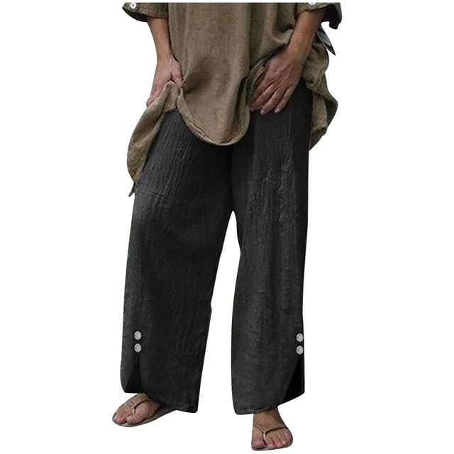 Diufon Wide Leg Pants for Women Button Down Cotton Linen Straight Pants Casual Solid Color Side Split Trousers